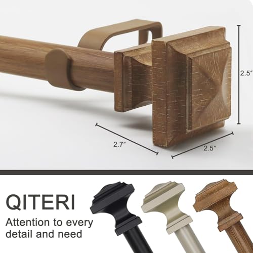 Wood Curtain Rods for Windows 32 to 88 Inch, 1 Inch Diameter Wood Decorative Treatment Single Window Curtain Rods - Square Imitation Wood Grain Finial 1 Pack