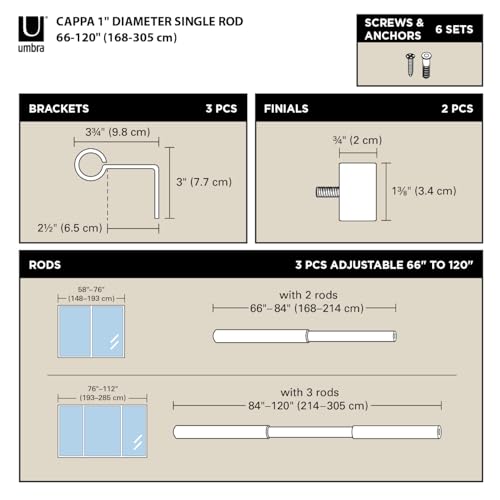 Umbra Cappa Curtain Rod, Includes 2 Matching Finials, Brackets & Hardware, 66 to 120-Inches, Gold