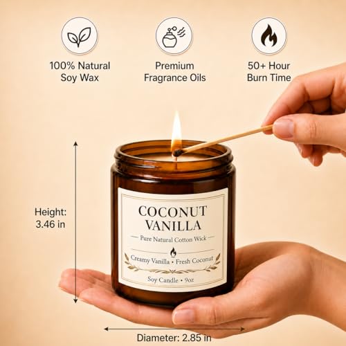 Coconut Vanilla Candle, 9 oz Soy Coconut Wax Scented Candle for Home, Vanilla Coconut Aromatherapy Candle, Clean Burning Jar Candle for Bedroom Bathroom Spa, Candle Gifts for Women Men