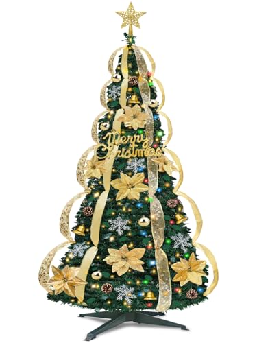 6Ft Pop up Christmas Tree,1 Minute Pull up,Prelit 200 LED Lights,Fully Pre-Decorated 80 Ornaments,8 Mode Warm White&Colored Change Light & Timer,Fire-Resistant Collapsible Outdoor Indoor Holiday Decor