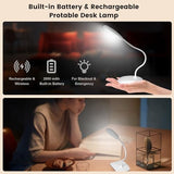 Battery Powered Desk Lamp, Portable Lamps Rechargeable 3 Color Modes Touch Control Stepless Dimming, Wireless Desk Lamp with 2000mAh, Small LED Table Light for Dorm Study Office Bedroom,White