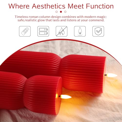 Red Christmas Ribbed Flameless Pillar Candles with Remote Set of 2
