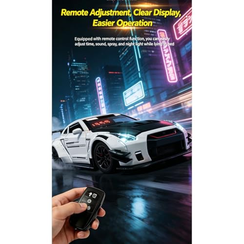 RC Sports Car Alarm Clock, LED Digital Desk Clock with Engine Sound Effects, Remote Control, Spray & Lighting Effects Opening Doors/Hood/Trunk Desk Clock Decor for Adults -White