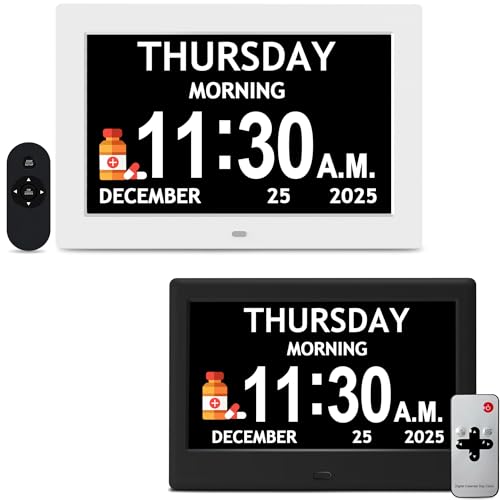 7" Black& 10.1" White Dementia Clock Set (2-Pack) - Large Digital Display with Date/Time, Auto Dimming, 6 Alarms, Remote Control