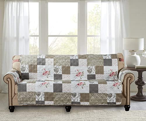 Brilliant Sunshine Pink Rose and Grey Toile Couch Cover, Patchwork Design, Sofa Cover for Dogs, Slip Resistant Furniture Protector with Strap, Washable Slipcover for Kids and Pets (70" seat)