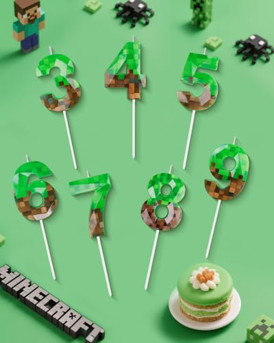 Pixel Birthday Candle, 2.68 Inch Miner Number Candles, Game Themed Candle Birthday Decoration for Pixel Theme Birthday Anniversary Dynamite Video Game Party (Green, 6)
