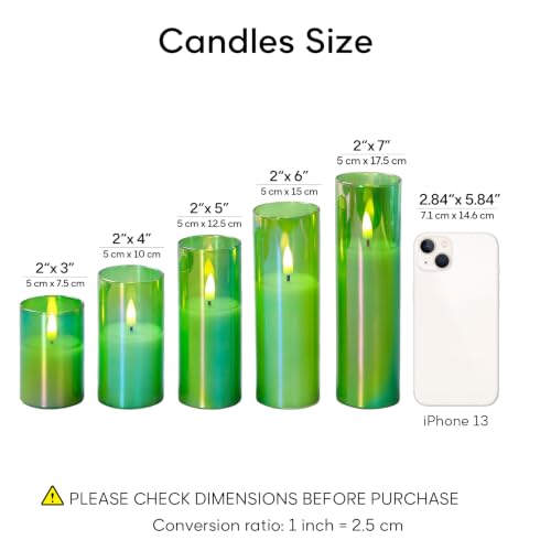 Green Glass LED Pillar Candles with Remote Batteries Set of 5