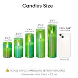 Green Glass LED Pillar Candles with Remote Batteries Set of 5