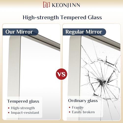 Keonjinn 20 x 30 Inch Brushed Nickel Bathroom Mirrors for Over Sink, Rounded Rectangle Silver Bathroom Vanity Mirror, Farmhouse Mirror for Wall, HD Tempered Glass, Anti-Rust Aluminum Alloy Mirror