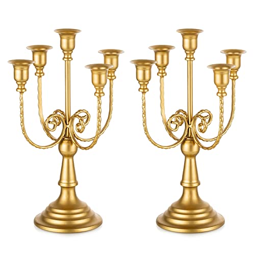 Romadedi Gold 5 Arm 11.8" Candelabra Candle Holders, Set of 2