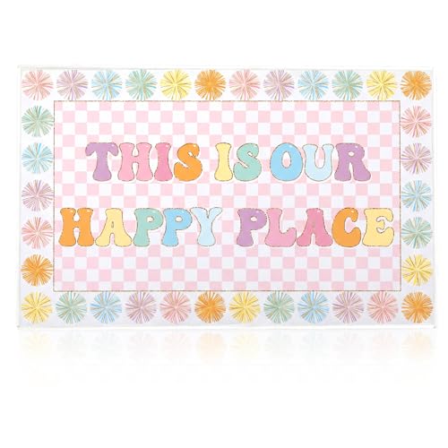 Breling 8'4" x 6' This is Our Happy Place Classroom Rug Pink Checkered Large Area Rug for Kids Educational Play Carpet for Playroom Preschool Kindergarten, This is Our Happy Place Classroom Decor