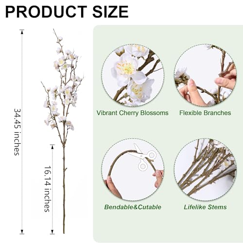 florisso 6 PCS Artificial Cherry Blossom Branches Spring Indoor Decoration, Faux Flowers 34.45" Long Stems Plum Fake Peach Plants Real Touch Silk for Wedding Home Bedroom Party Table Office, White
