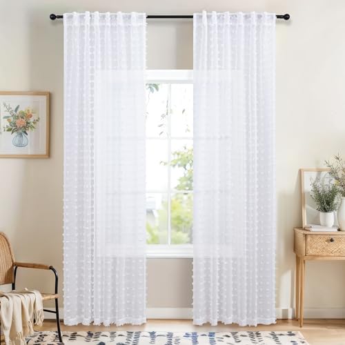White Sheer Curtains 84 Inches Long for Living Room Bedroom Farmhouse White Pom Pom Curtains 2 Panels Back Tab Shabby Chic Boho Curtain Semi Sheer Nursery Kids Aesthetic Ruffle Drape 52x84 Length