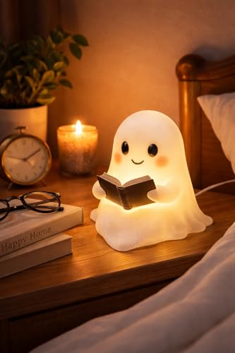 Ghost Night Light with Book, USB Powered LED Lamp, Warm White Glow, Resin, Cute Kawaii Figurine, Bedroom Nightlight