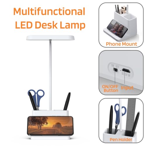 Rechargeable Small Desk Lamp for Home Office Bedroom, Study Table Light for Kids Teens, White, LED, Pen Holder, Mini, Gooseneck, College Dorm Room Lighting for Computer Keyboard Desktop Task