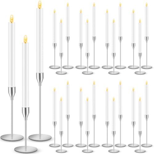 FillTouch 30 Pcs Silver Candlestick Holder with Flameless Taper Candle Bulk