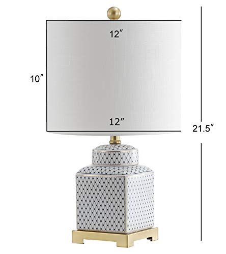 JONATHAN Y 21.5" White and Navy Blue Ceramic Ginger Jar LED Table Lamp, Modern Chinoiserie Fishnet Pattern with White Linen Shade and Brass Gold Base, LED Bulb Included JYL3043A