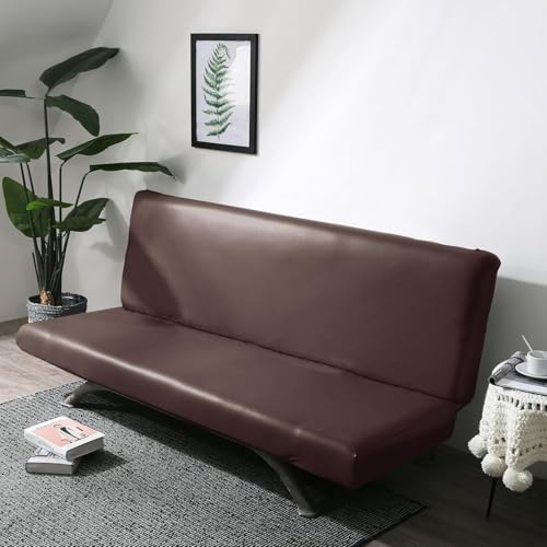 PU Leather Armless Sofa Cover Waterproof Futon Covers Full Size Furniture Protector Sofa Bed Slipcovers for Living Room Brown Medium