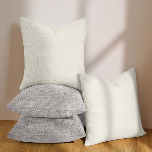 Couch Throw Pillow Covers 18x18 Inch Pack of 4 Neutral Sliver Gray Soft Decorative Chenille Pillow Covers Farmhouse Boho Cushion Covers for Home Decor Sofa Bedroom Living Room