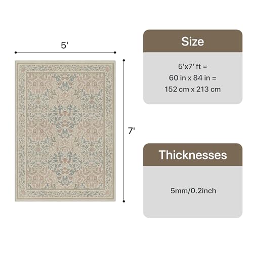 5x7 Washable Area Rug for Living Room, Vintage Floral, Sage Beige