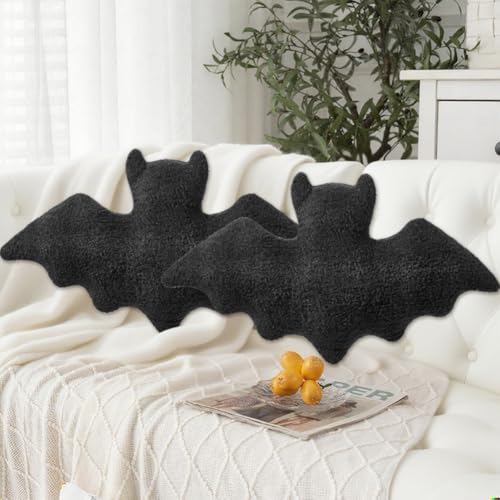 2 Pcs Halloween Bats Throw Pillow Furry Bat Plush Pillows Cute Bats Halloween Decor Stuffed Bat Lumbar Pillow for Halloween Decorative Home Sofa Bed Cushion