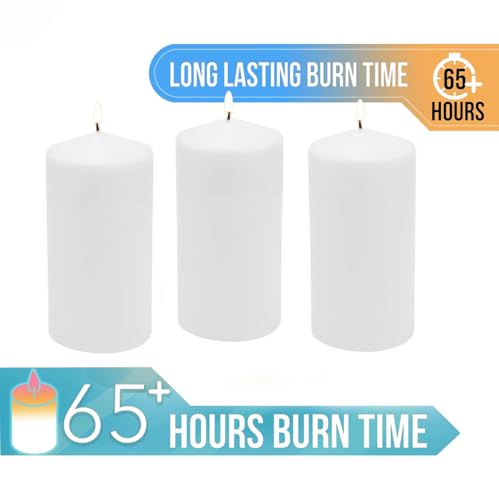 Stonebriar 3 Pack Tall 3 x 6 Inch 65 Hour Long Burning Unscented White Wax Pillar Candles