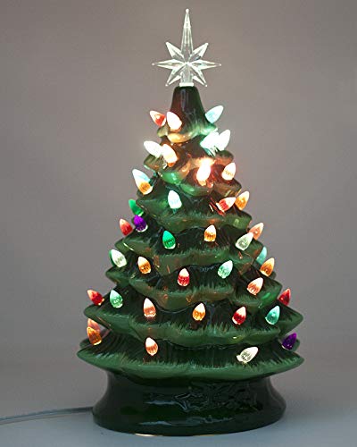 Christmas is Forever Lighted Tabletop Ceramic Tree, 16 Inch Green Tree with Multicolored Lights