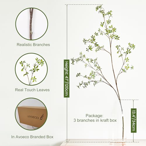 Avoeco Artificial Greenery Stems, 47”Tall Fake Plants Branches, Real Touch Faux Enkianthus Perulatus Twig Leaf for Home Garden Office Wedding Vase Filler Shop Decoration (3 Packs-Green)