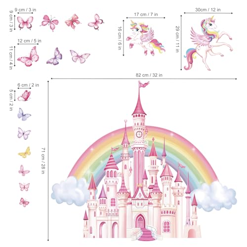 wondever Rainbow Castle Wall Stickers Fairy Tale Unicorn Butterfly Peel and Stick Wall Art Decals for Baby Nursery Girls Bedroom Toddler Room