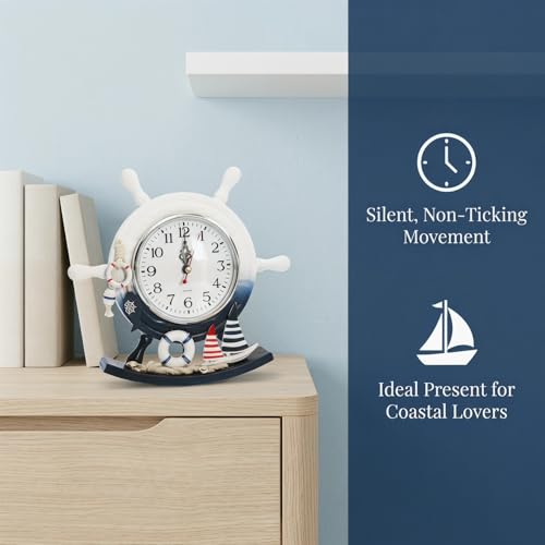 TOYANDONA Mediterranean Style Wooden Desktop Clock Creative Nautical Swim Ring Pendulum Design Silent Mute Clock for Living Room Table Decor