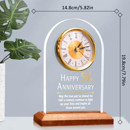 OkiyiD 50th Anniversary Wedding Gift, Anniversary Quartz Clock, Desk Table Clock, 50 Years of Marriage, Golden Wedding for Couple, Parents, Grandparents (Wooden Base with LED Light)