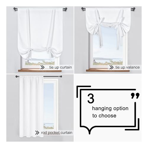 DONREN Pure White Balloon Shades Room Darkening Kitchen Window Curtain - Adjustable Thermal Insulated Tie Up Curtain Panel for Bathroom (34 W x 45 inches Long,1 Panel)