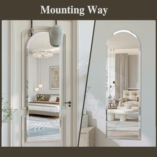 Frameless Arched Door Mirror Full Length, 48 x 14 Inch Frameless Beveled Full Body Arched Wall Mirror with 2 Hooks, Over the Door Hanging Mirror for Bedroom, Living Room, Cloakroom