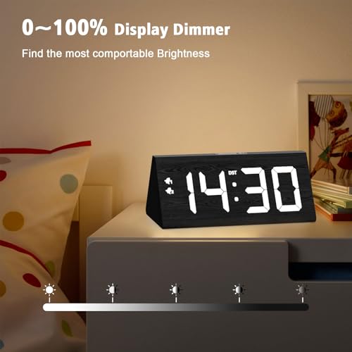 Wooden Digital Alarm Clock with Dual USB Charging Ports, DST, Dimmable, Snooze, Modern Large Time Display LED Clock for Kids Bedrooms, Living Room, Desk, Table, Bedside, Nightstand (Black)