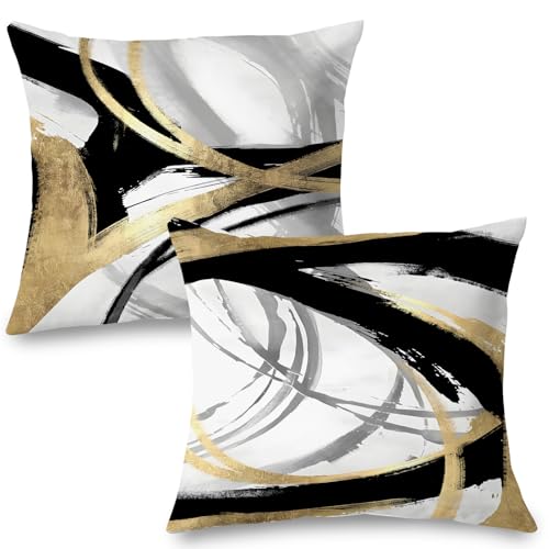 Black White and Gold Pillow Covers, Abstract Black and Gold Pillow Covers 18x18 Set of 2, Modern Boho Home Decor, Black and Gold Decorative Throw Pillows Cover for Couch Living Room Bedroom