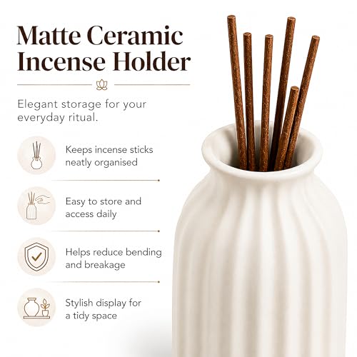 2 in 1 Incense Holder for Sticks with Ash Catcher for Meditation | Incense Burner Holder with Wood Base, Ceramic Vase Storage & Metal Ash Catcher Hang Upside for Meditation Home Room Decor