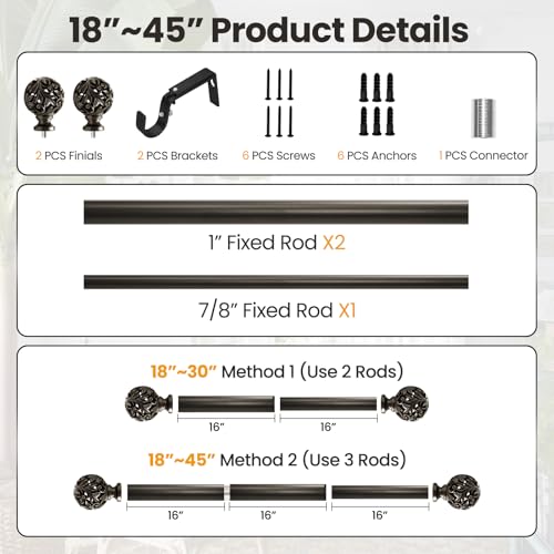 Bronze Curtain Rods 18 to 64 inches (1.5-5.33 ft), 1 Inch Diameter Adjustable Heavy Duty Decorative Curtain Rods with Decorative Openwork Carved finials for Living Room Bedroom Windows