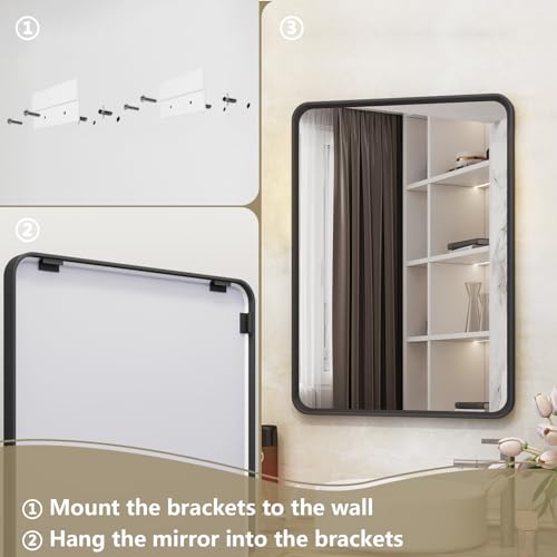 OKPAL 28X36 Inch Black Metal Framed Bathroom Mirror for Wall, Matte Black Bathroom Vanity Mirror, Black Rounded Rectangle Modern Mirror, Rustproof, Shatter-Proof (Horizontal/Vertical)