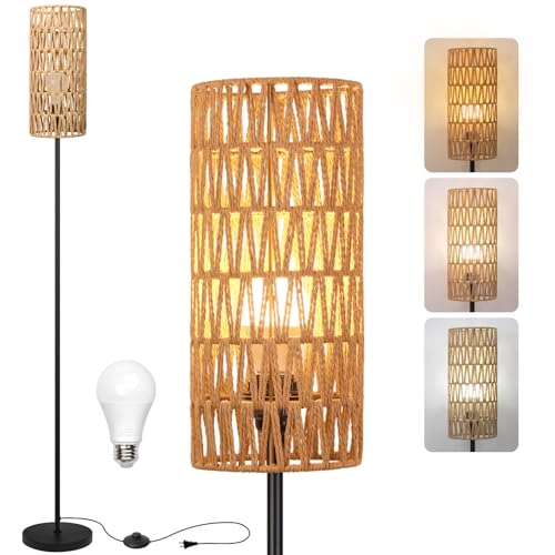 Floor Lamp for Living Room,Farmhouse Rattan Floor lamp,Modern Standing lamp with Hand-Worked Rattan Shade,Black Tall Lamp with Foot Switch for Bedroom,Kids Room,Office,LED Bulb is Included.
