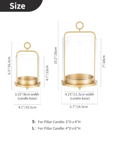 NUPTIO Gold Lanterns Set of 2 Hurricane Glass Candle Holders for Pillars