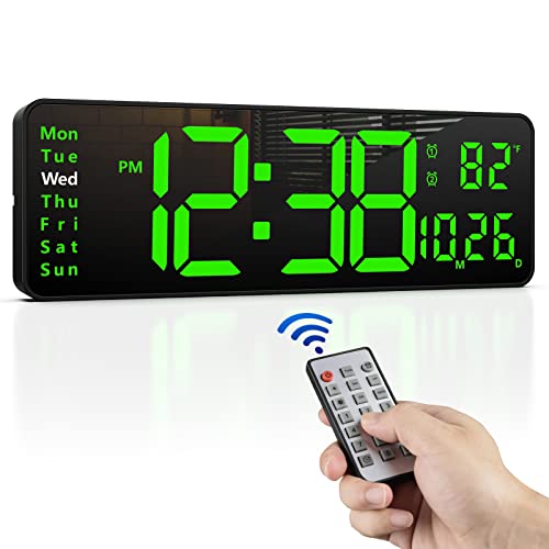 Zgrmbo 16-inch Digital Wall Clock with Remote Control, Large Display Digital Clock with Date, Indoor Temp, Week, 12/24H, Auto Dimming, A Wall Clock Suitable for Living Room, Warehouse, Shop, Gym