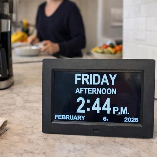 Azpen 7 Inch Digital Calendar Alarm Clock for Seniors - Large Display, Auto Dimming, Multiple Alarms, Easy-to-Read Day Date Clock, Black