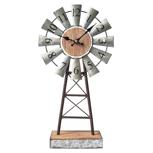 Rustic Windmill Table Clock for Living Room Decor, Vintage Galvanized Metal & Wood Desk Clock with Silent Quartz Movement, Farmhouse Windmill Decor for Living Room, Mantel, Shelf & Office