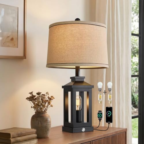 G-SAFAVA 23.75" Retro Farmhouse Black Table Lamp for Living Room Bedroom Nightstand Single Pack Touch Control Bedside Nightlight Vintage Modern Lamp with USB C+A Ports and 2 Light Sources