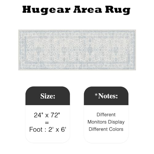 HUGEAR 2x6 Runner Rug Hallway Retro Light Blue Machine Washable Vintage Floral Low Pile Carpet Vacuumable Distressed Long Throw Rug Kitchen Bedroom Laundry Office Bathroom Non Slip Soft Lightweight