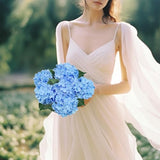 6PCS Premium Blue Silk Hydrangea Artificial Flowers Bouquets - Realistic Fake Hydrangea with Stems, Faux Flower Arrangement for Home Wedding Party Baby Shower Table Centerpieces Decoration