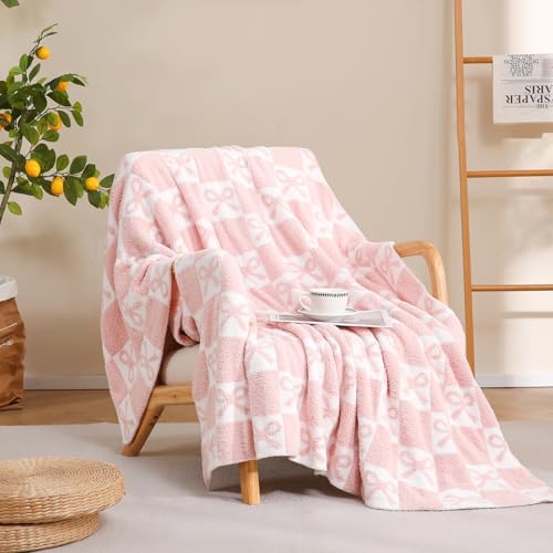 YIRUIO Pink Checkered Throw Blanket with Bow Pattern - Ultra Soft Lightweight Microfiber Knit, Plush Fuzzy Cozy Home Decor for Couch Sofa Bed, Reversible All-Season 50x60 Inches