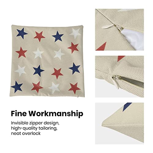 4th of July Throw Pillow Cover, 18x18 Inch Set of 2 Blue Red White Stars Patriotic Decorative Outdoor Cushion Cover Independence Memorial Day Pillow Cases Linen Farmhouse for Sofa Couch Bed