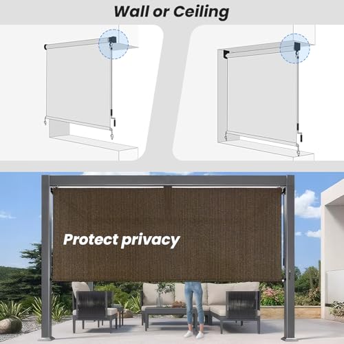 8'W x 8'H Mocha Patio Shades Roll up Outdoor Roller Shade Crank Wand Blind Cordless, 90% UV Blocking & Privacy Protection for Porch|Gazebo|Pergola|Backyard (2 Splicing Tube, 1 Fabric)