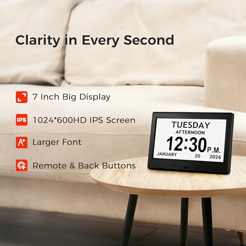 Pastigio Digital Clock, Dementia Clock with Date and Time, 10 Reminders, 6 Alarms, Auto-Dimming, Auto DST, Remote Control, Large Display Alarm Clock for Seniors